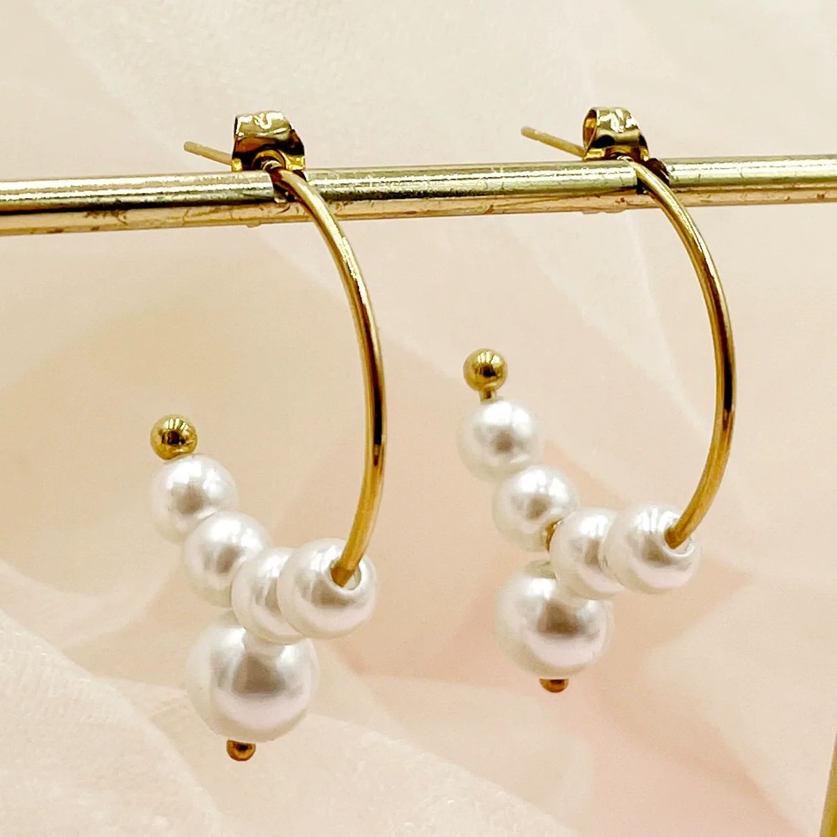 Wholesale Earrings Stainless Steel 14K Gold Plated Pearl Geometric C Shaped - Image 3