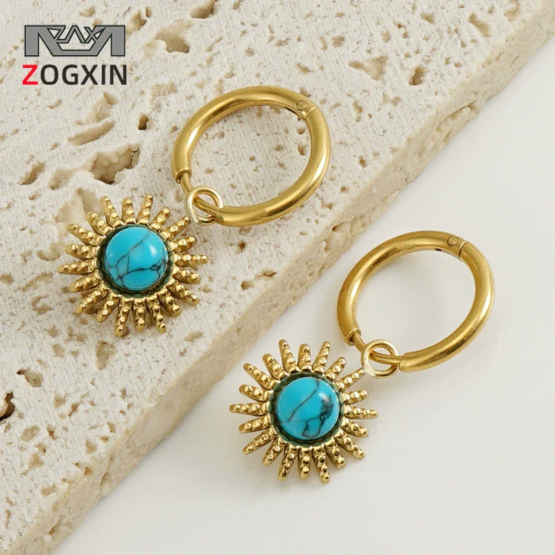 Wholesale Earrings Stainless Steel Blue Turquoise Geometric Simple Retro Design Set With Precious Stones