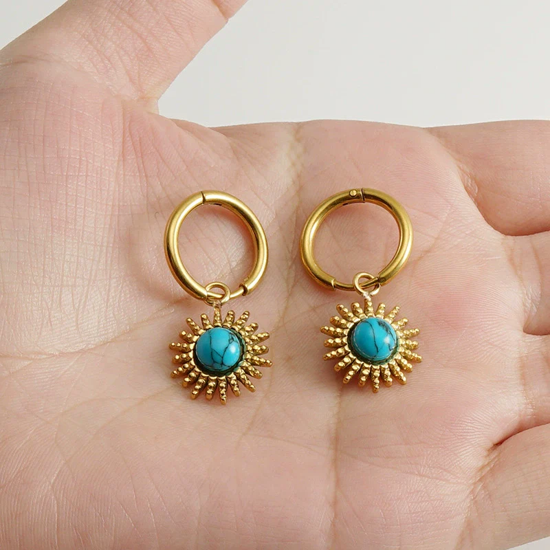 Wholesale Earrings Stainless Steel Blue Turquoise Geometric Simple Retro Design Set With Precious Stones - Image 3