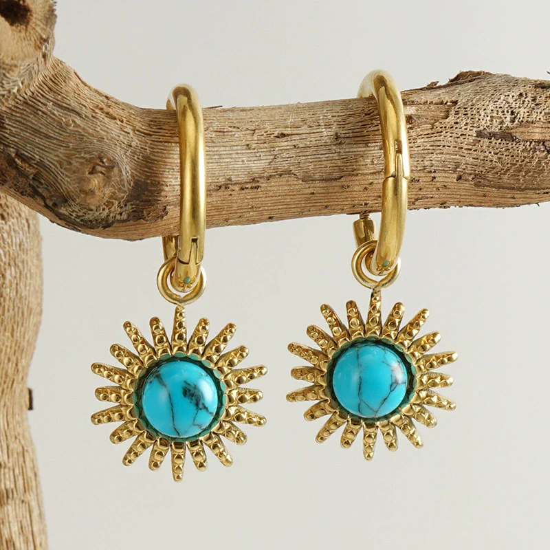 Wholesale Earrings Stainless Steel Blue Turquoise Geometric Simple Retro Design Set With Precious Stones - Image 4