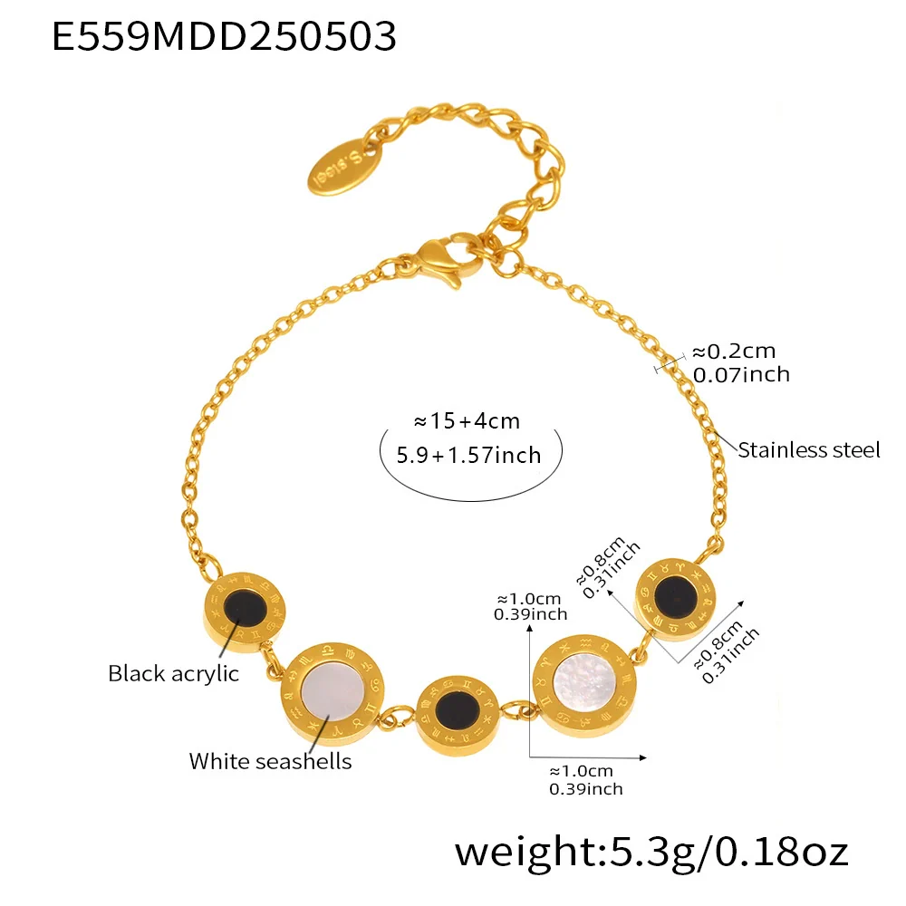 Wholesale Electroplated Geometric Roman Numerals Singlesided Black And White Shell Pendant Necklace And Bracelet Jewelry Set For Women Made Of Stainless Steel - Image 6