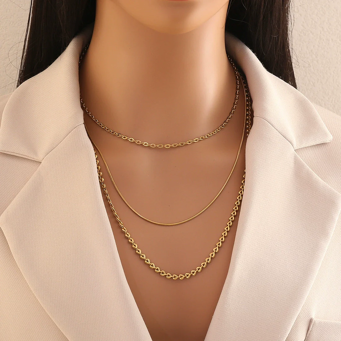 Wholesale Electroplated Geometric Stainless Steel And Titanium Steel 3Layer Clavicle Snake Bone Chain Unisex Necklace For Women
