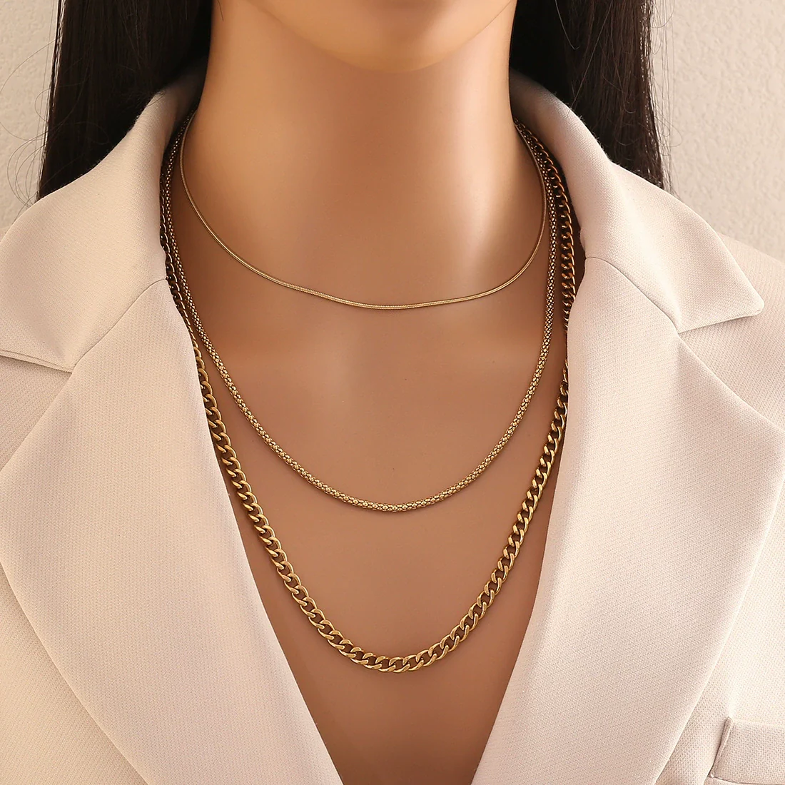 Wholesale Electroplated Geometric Stainless Steel And Titanium Steel 3Layer Clavicle Snake Bone Chain Unisex Necklace For Women - Image 2