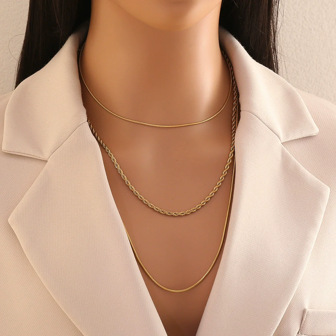 Wholesale Electroplated Geometric Stainless Steel And Titanium Steel 3Layer Clavicle Snake Bone Chain Unisex Necklace For Women - Image 3