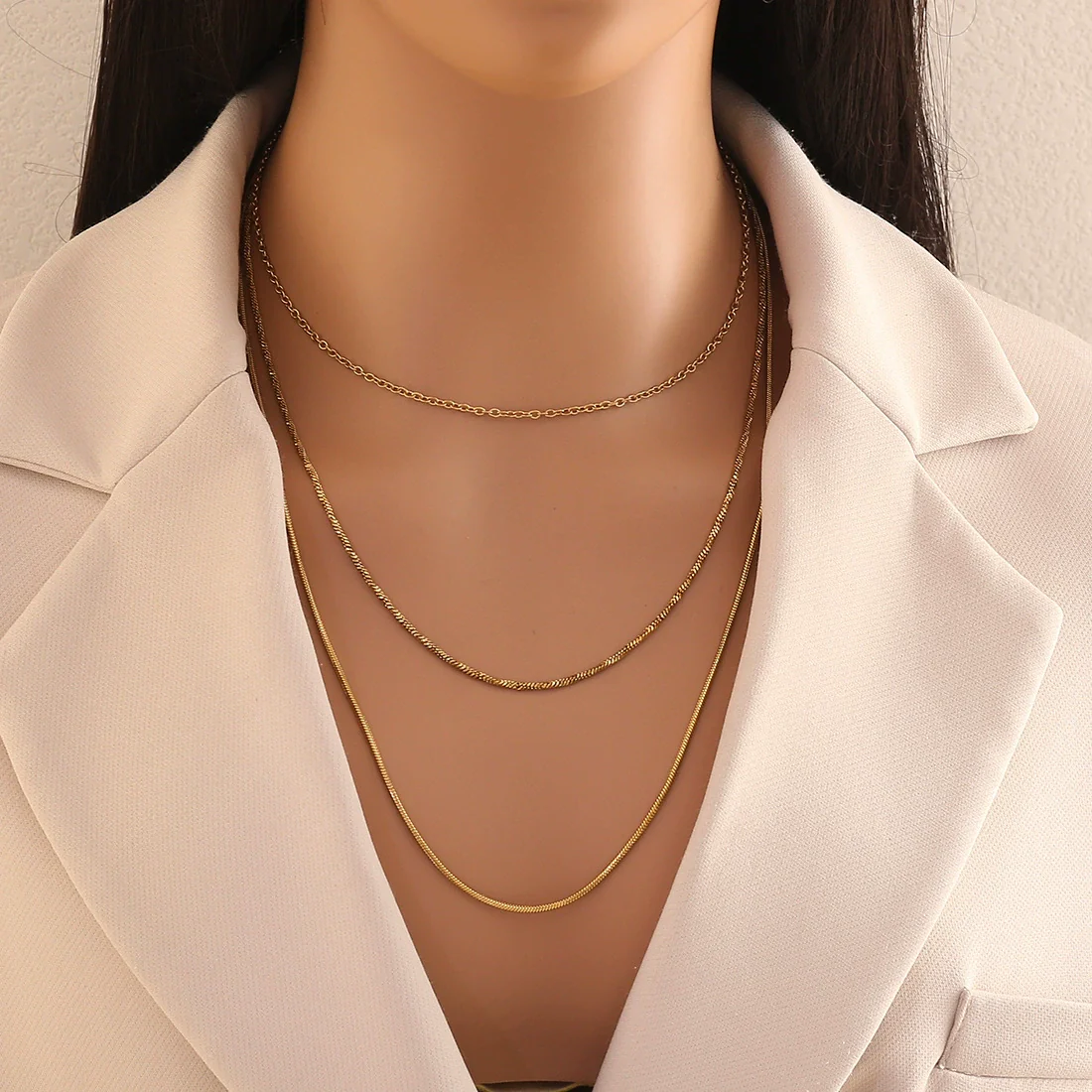Wholesale Electroplated Geometric Stainless Steel And Titanium Steel 3Layer Clavicle Snake Bone Chain Unisex Necklace For Women - Image 4