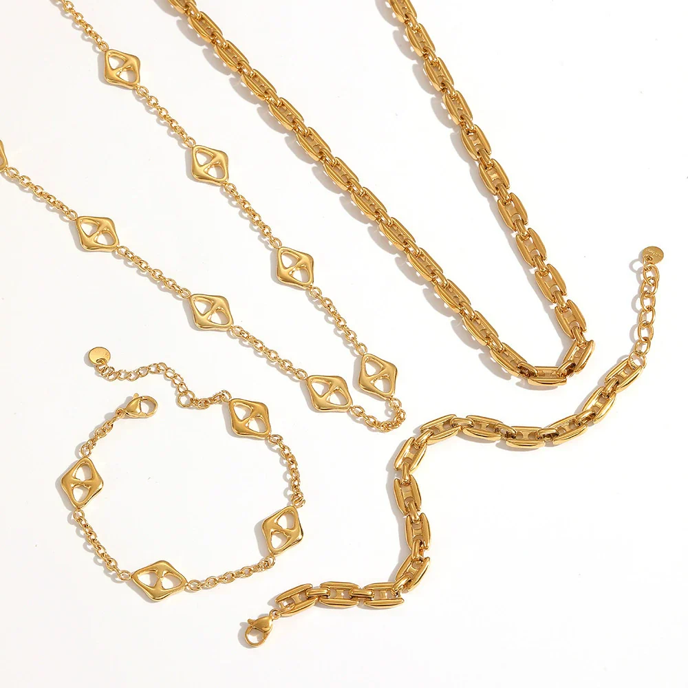 Wholesale Electroplated Geometric Stainless Steel Necklace And Bracelet Set Jewelry Accessories For Women - Image 3