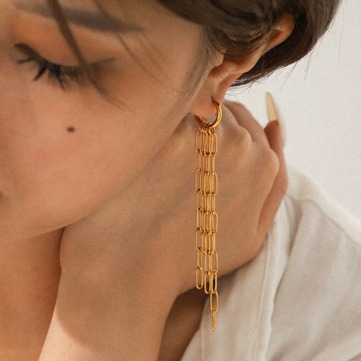 Wholesale Electroplated Geometric Stainless Steel Women's Long Tassel Earrings