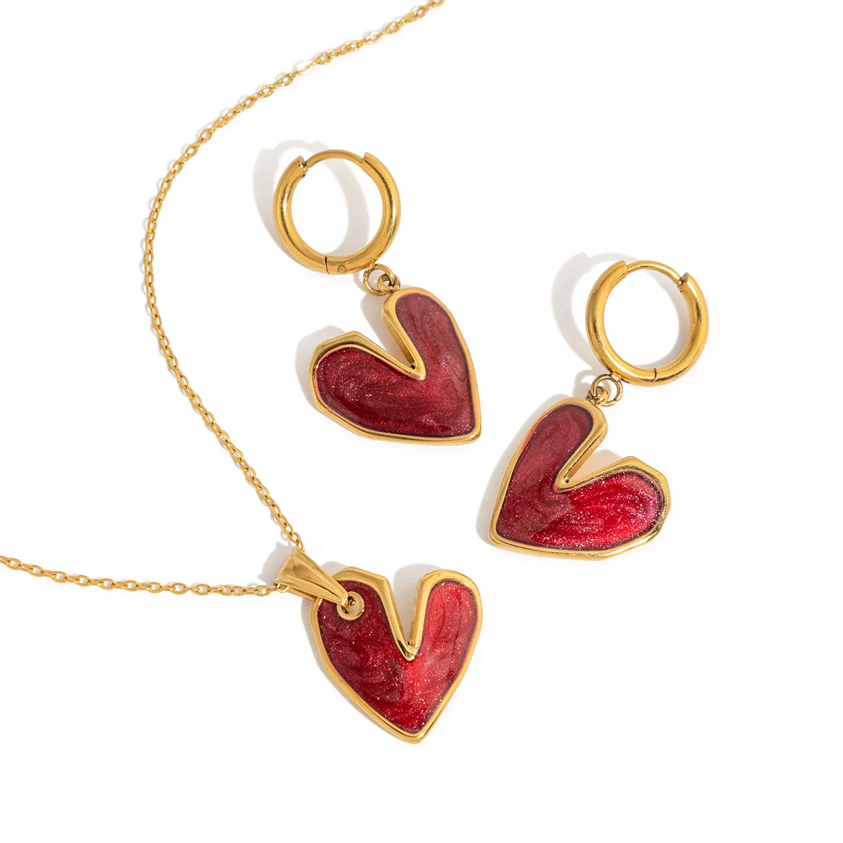 Wholesale Electroplated Stainless Steel And Titanium Steel Heartshaped Earrings And Necklace Jewelry Set For Women - Image 5