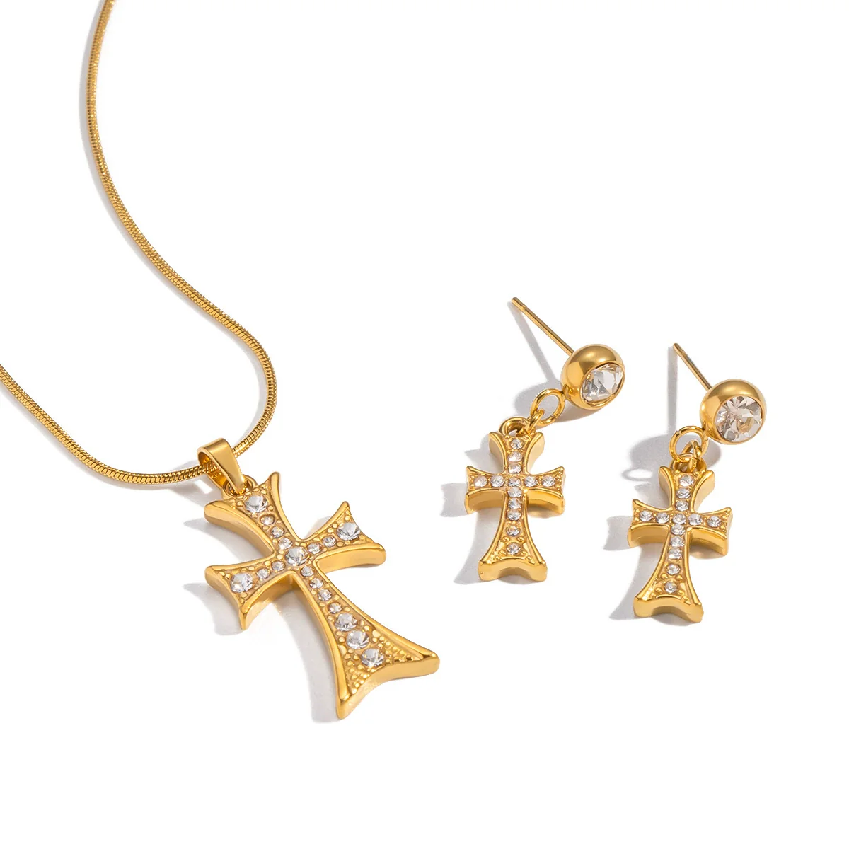 Wholesale Electroplated Stainless Steel Cross Crown Roman Numerals Inlaid Zircon Pendant Necklace And Earrings Set For Women - Image 5