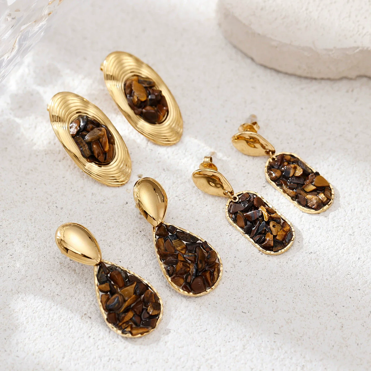 Wholesale Electroplated Stainless Steel Geometric And Heart Shape Star Pattern Inlaid Tiger Eye Stone Cute Earrings For Women - Image 2