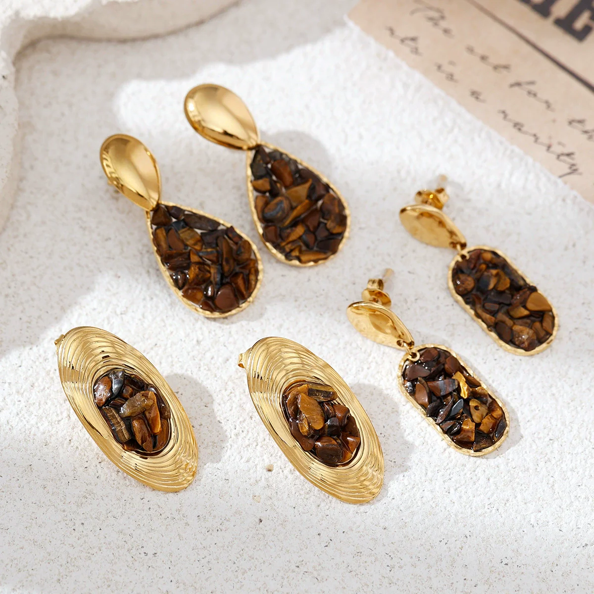 Wholesale Electroplated Stainless Steel Geometric And Heart Shape Star Pattern Inlaid Tiger Eye Stone Cute Earrings For Women - Image 3