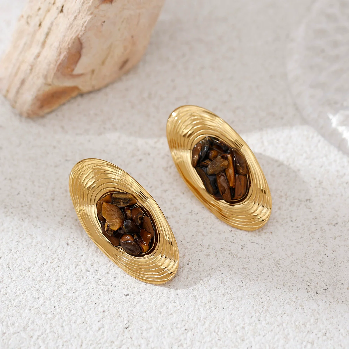 Wholesale Electroplated Stainless Steel Geometric And Heart Shape Star Pattern Inlaid Tiger Eye Stone Cute Earrings For Women - Image 4