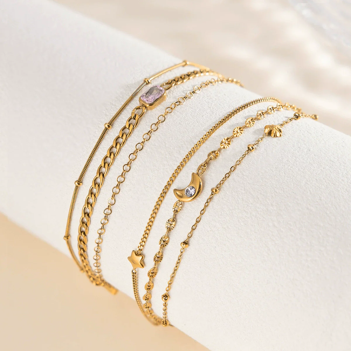 Wholesale Electroplated Stainless Steel Geometric Star And Moon Threelayer Zircon Bracelet For Women Minimalist Fashion Jewelry - Image 4