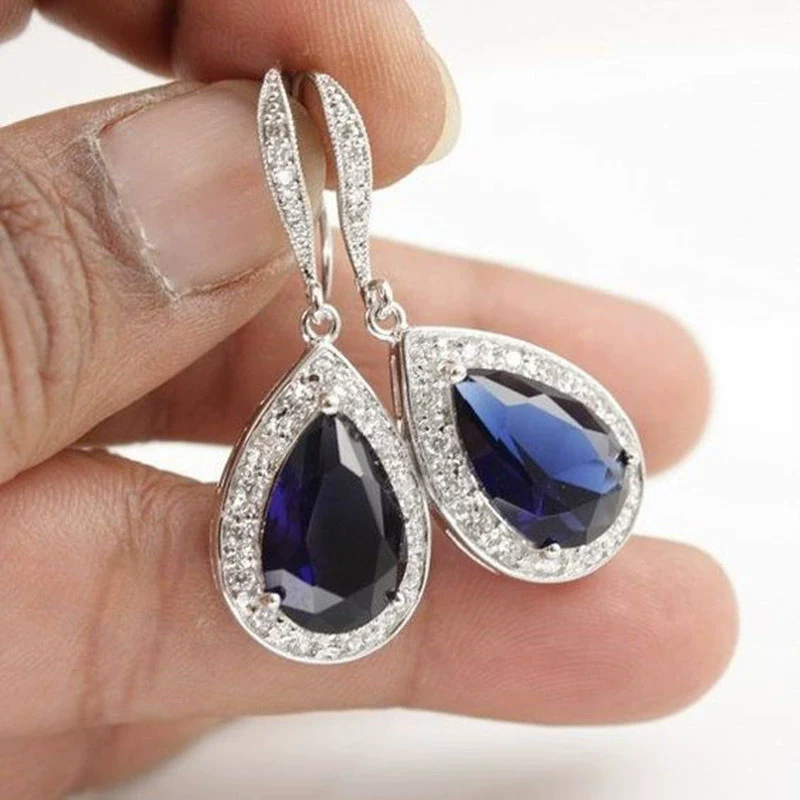 Wholesale Elegant Natural Dropshaped Sapphire Tamsang Zircon Earrings Copper Material