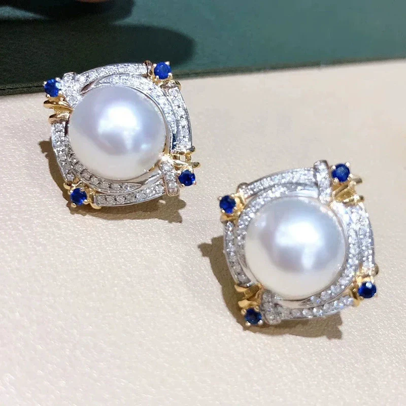 Wholesale Elegant Twocolor Imitation Pearl Earrings Copper Geometric Rhombus Zirconia Design Jewelry For Women