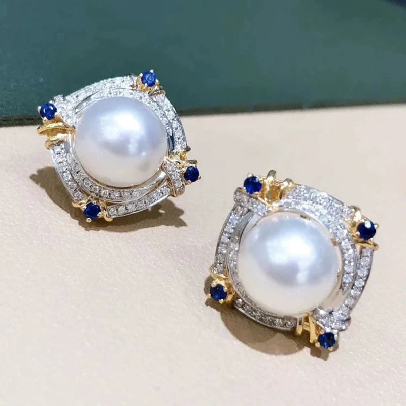 Wholesale Elegant Twocolor Imitation Pearl Earrings Copper Geometric Rhombus Zirconia Design Jewelry For Women - Image 2