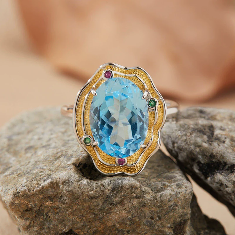 Wholesale Exaggerate Style Flower Shape S925 Sterling Silver Ring Set With Crystal Natural Topaz Citrine Amethyst Jewelry For Women - Image 2