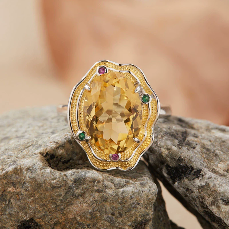 Wholesale Exaggerate Style Flower Shape S925 Sterling Silver Ring Set With Crystal Natural Topaz Citrine Amethyst Jewelry For Women - Image 3