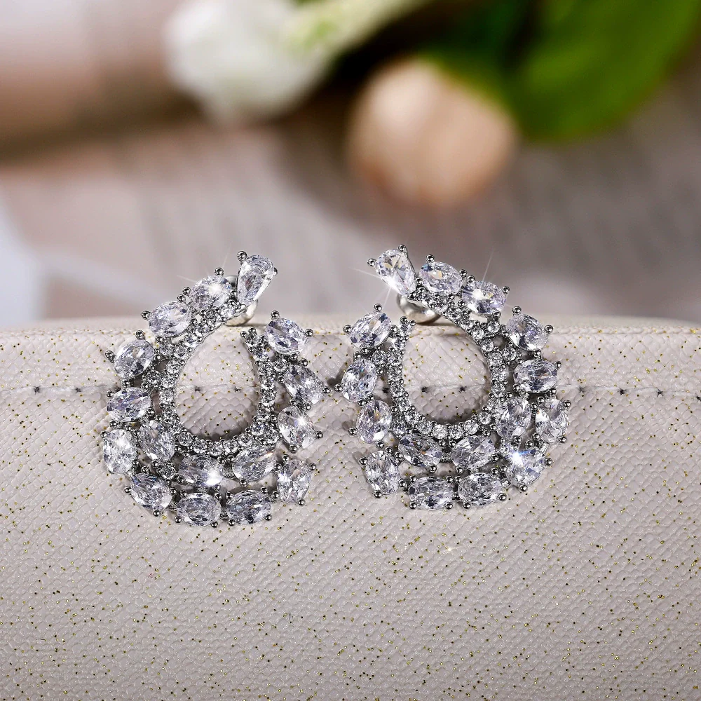 Wholesale Exaggerated Wreath Zircon Earrings Copper Flower Style For Ladies - Image 4
