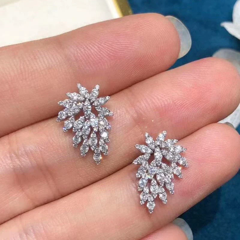 Wholesale Exquisite Copper Geometric Maple Leaf Shaped Stud Earrings With Flower Pattern For Women