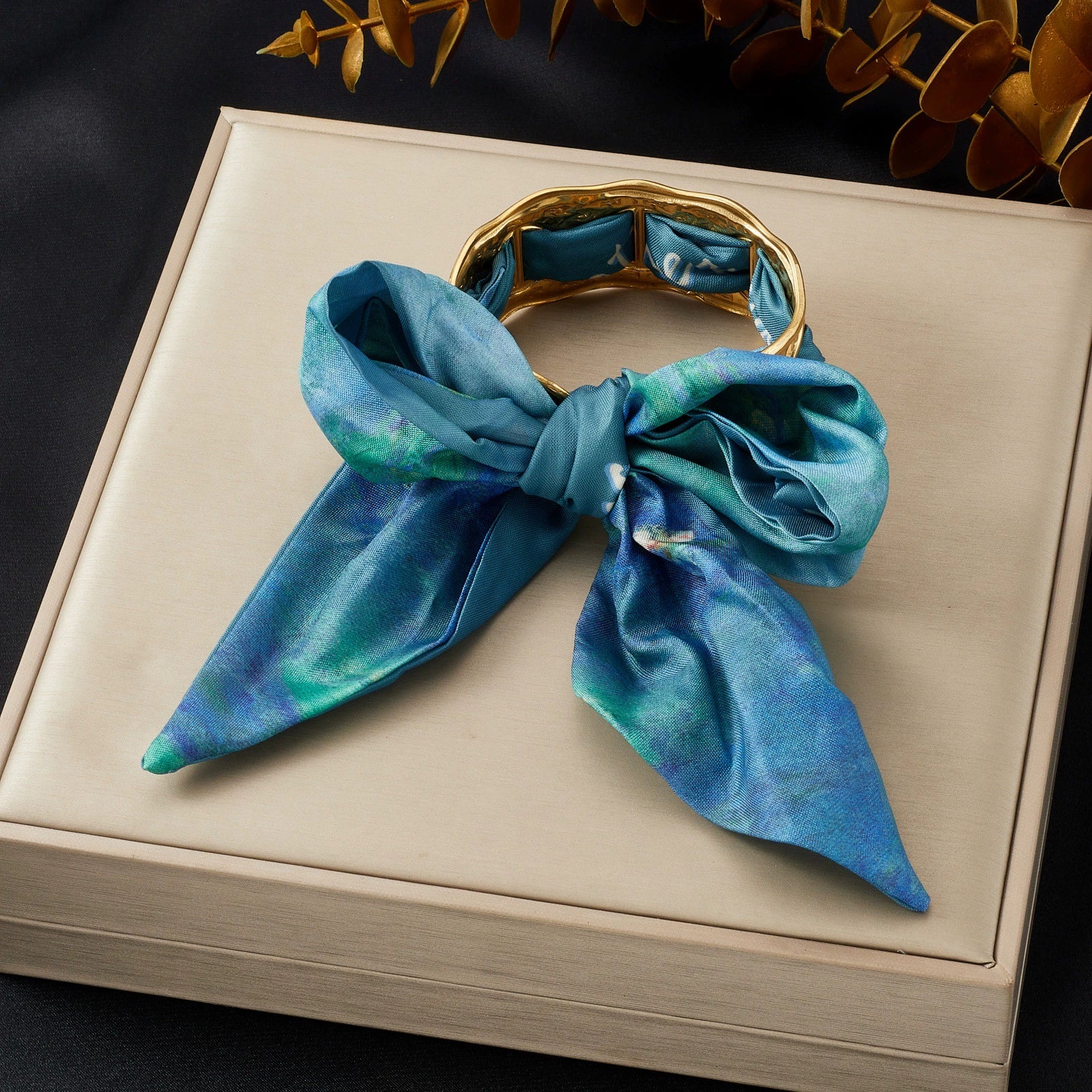 Wholesale Fashion Accessories Stainless Steel Electroplated Satin Printed Ribbon Bow Leopard Print Fabric Wrapped Ring Bracelet Plants And Flowers Style - Image 12