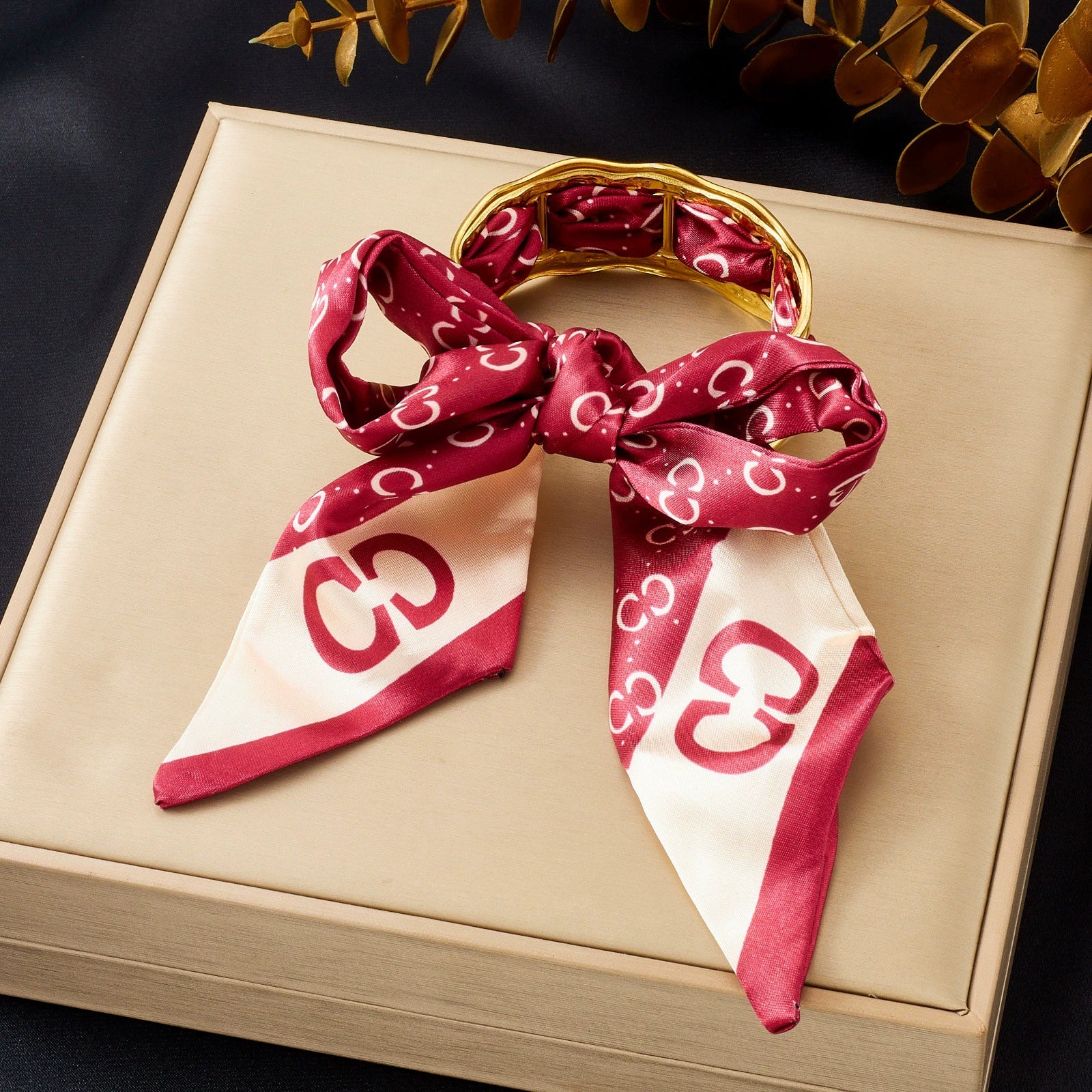 Wholesale Fashion Accessories Stainless Steel Electroplated Satin Printed Ribbon Bow Leopard Print Fabric Wrapped Ring Bracelet Plants And Flowers Style - Image 7