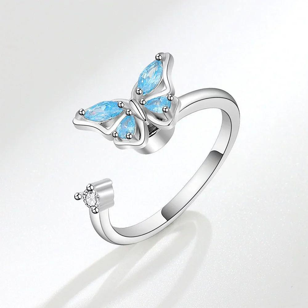 Wholesale Fashion Animal Style Butterfly Rotating Open Adjustable Ring 925 Sterling Silver Electroplated For Women - Image 3