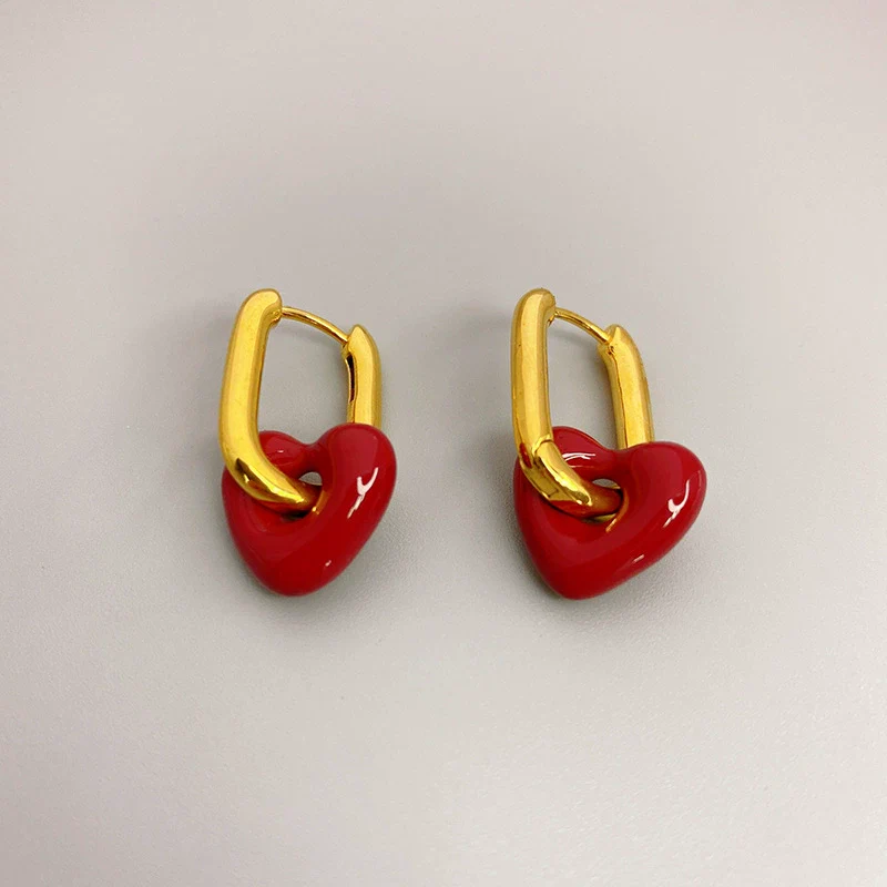 Wholesale Fashion Copper Earrings With 18K Gold Plated Enamel Glaze Ushaped And Peach Heart Pendant For Women - Image 3