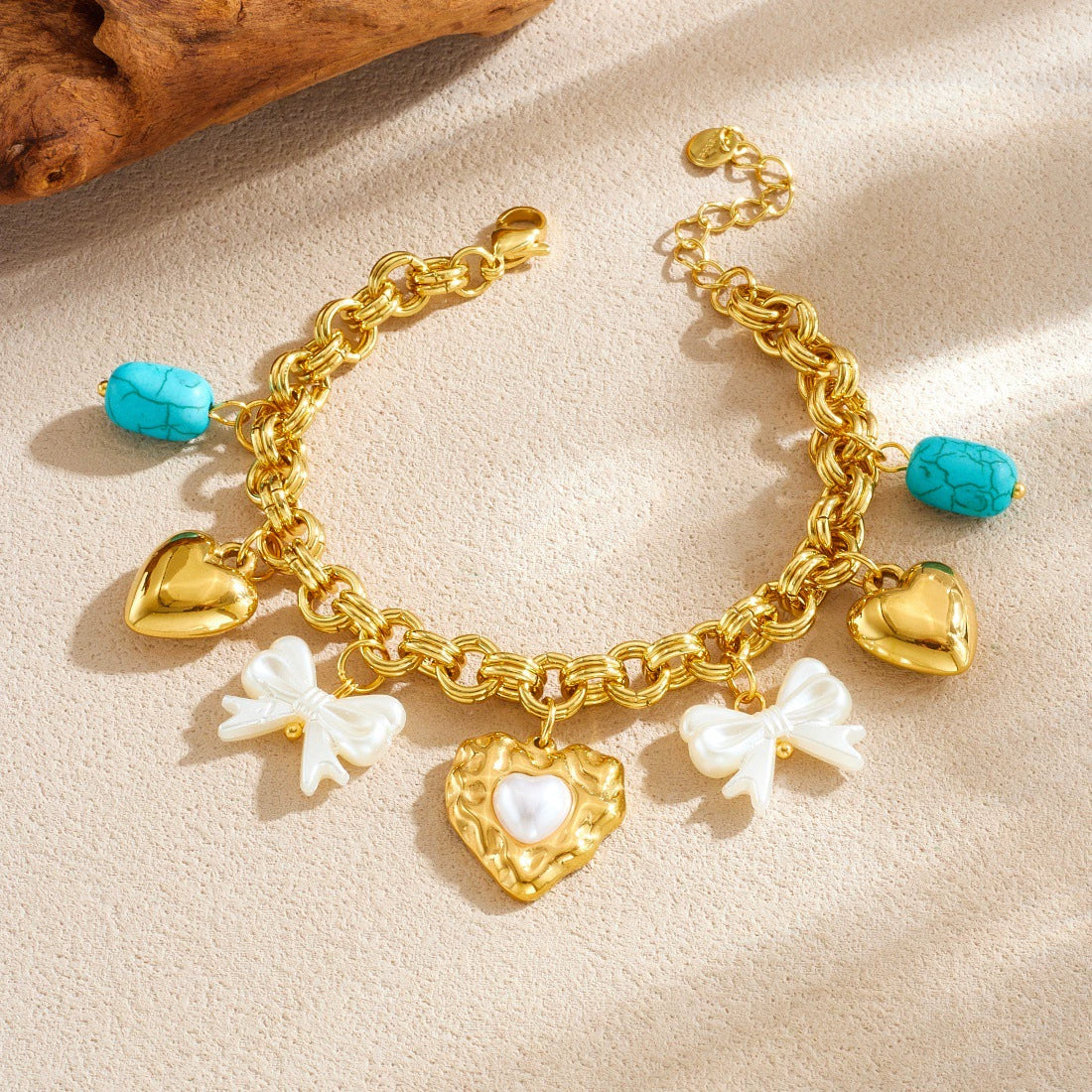 Wholesale Fashion Cute Cartoon Diy Pearl Heart Bow Tie Pendant Gold Plated Stainless Steel Bracelet For Women - Image 2