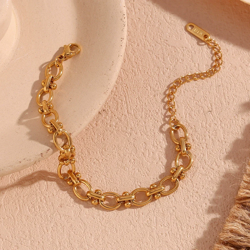 Wholesale Fashion Geometric Oval Flower Handmade Chain Bracelet Stainless Steel 18K Gold Plated For Women
