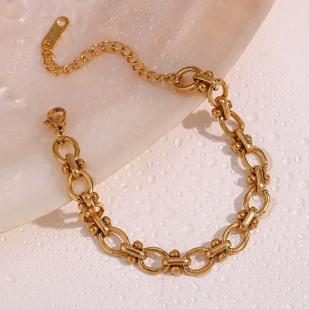 Wholesale Fashion Geometric Oval Flower Handmade Chain Bracelet Stainless Steel 18K Gold Plated For Women - Image 3