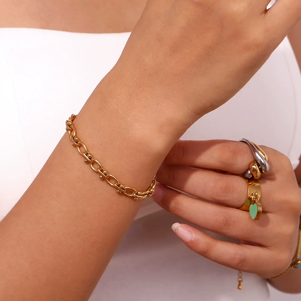 Wholesale Fashion Geometric Oval Flower Handmade Chain Bracelet Stainless Steel 18K Gold Plated For Women - Image 4
