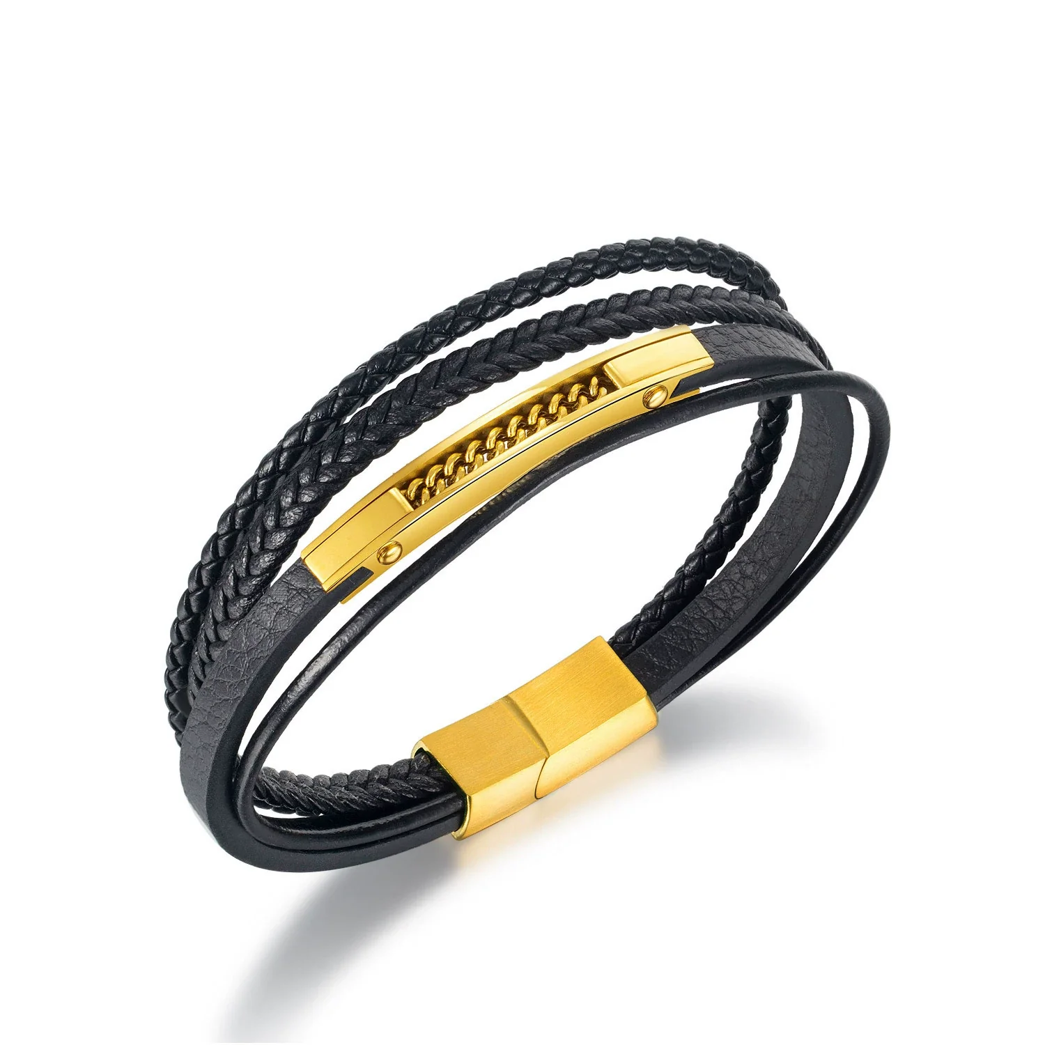 Wholesale Fashion Multilayer Stainless Steel Woven Leather Men's Bracelet Jewelry - Image 2