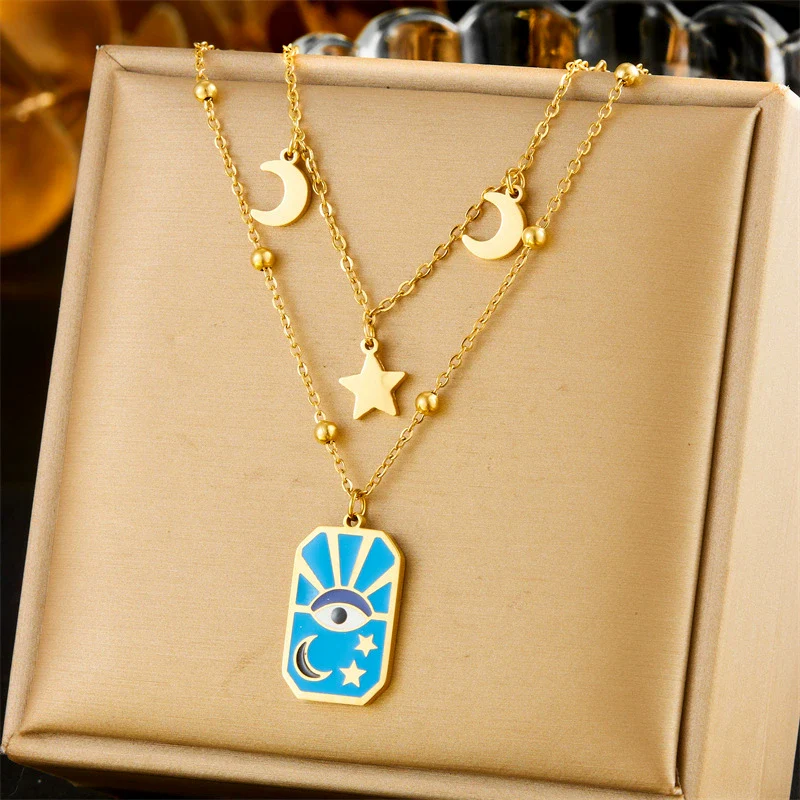Wholesale Fashion Oil Dripping Stainless Steel Star Moon Pendant Stacked Necklace And Earrings For Women - Image 2