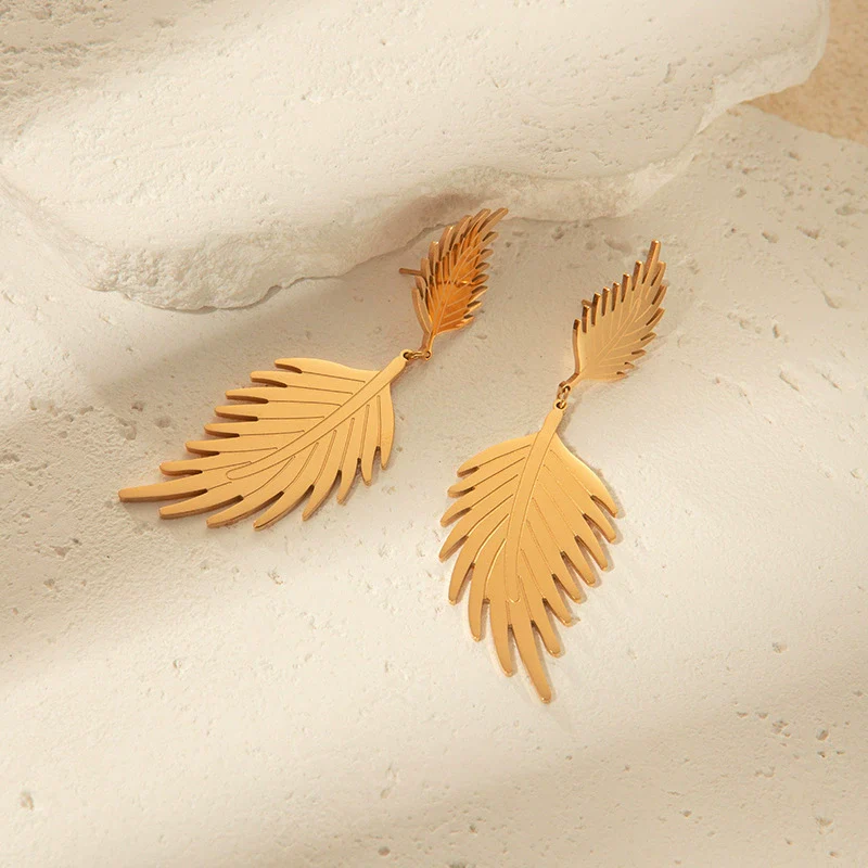 Wholesale Fashion Stainless Steel 14K Gold Plated Double Leaf Earrings - Image 2