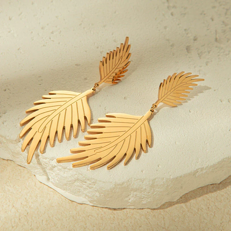 Wholesale Fashion Stainless Steel 14K Gold Plated Double Leaf Earrings - Image 3