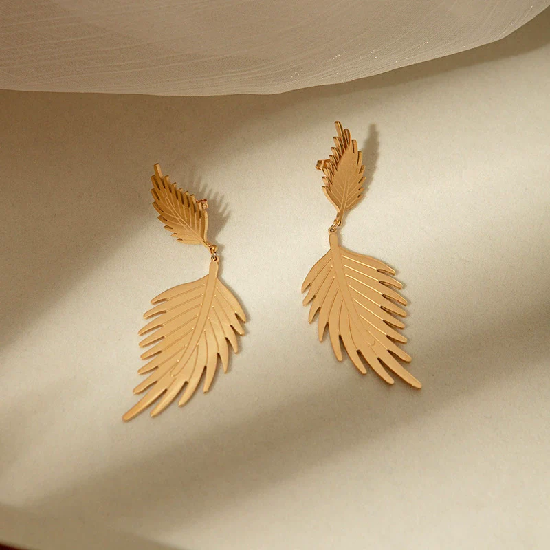 Wholesale Fashion Stainless Steel 14K Gold Plated Double Leaf Earrings - Image 4