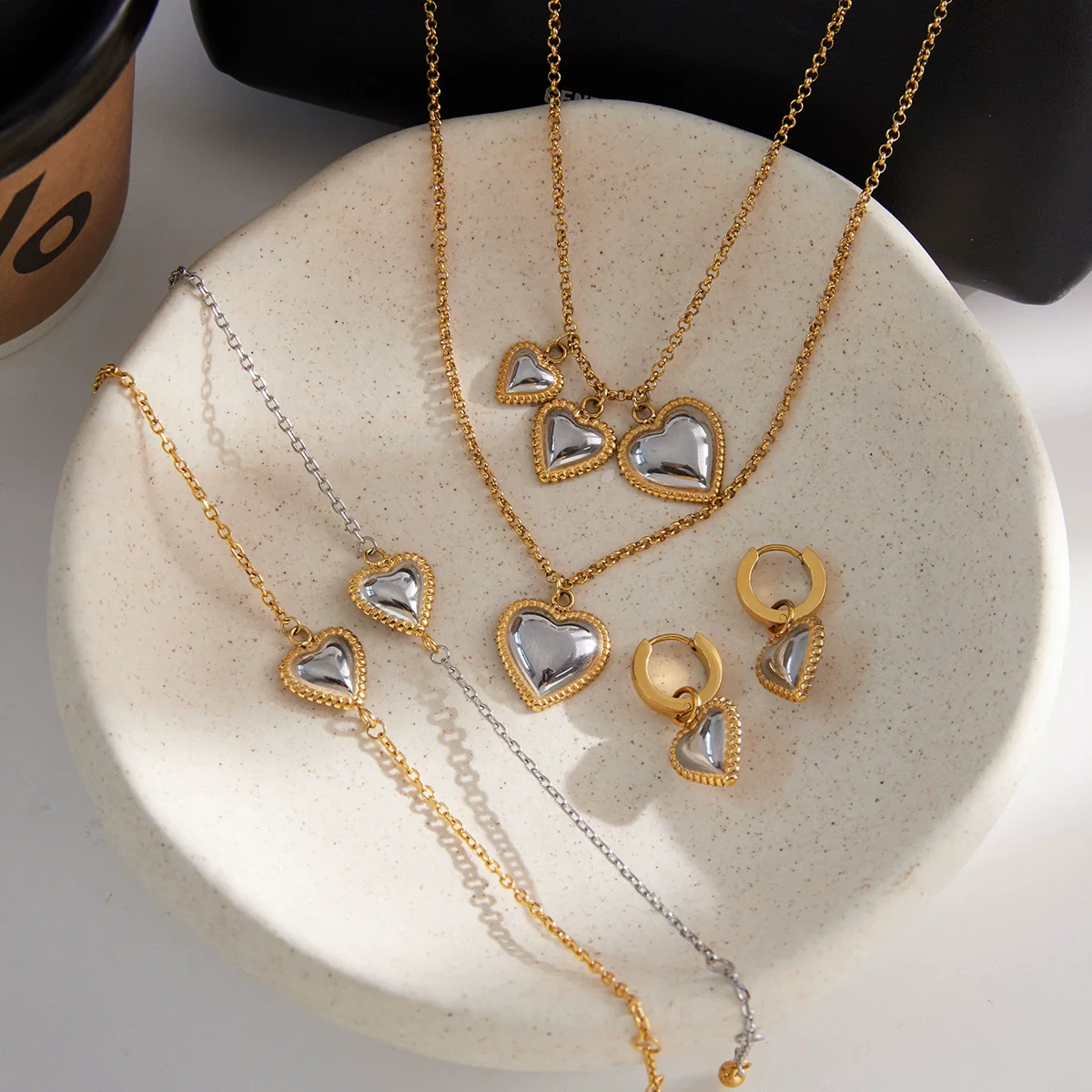 Wholesale Fashion Stainless Steel Electroplated Heart Water Drop Bell Pendant Necklace Earrings Bracelets Set For Women - Image 4