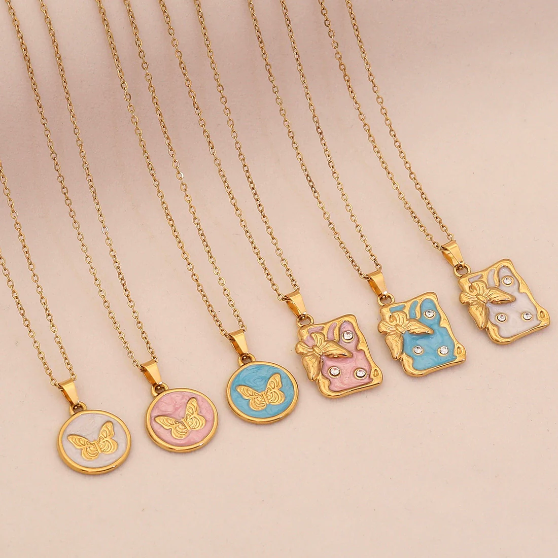 Wholesale Fashion Stainless Steel Multicolor Oil Drop Insect Pattern Butterfly Pendant Necklace For Office Ladies