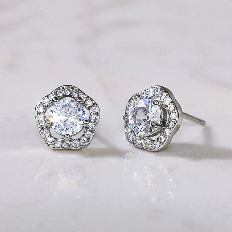 Wholesale Fashion Sweet Flower Zircon Earrings For Women Copper Plated Platinum - Image 6