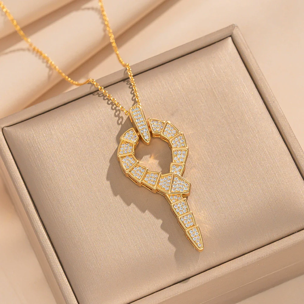 Wholesale Fashion Unisex Snake Shape Inlaid Zircon Titanium Steel And Copper Necklace And Earrings Set - Image 4