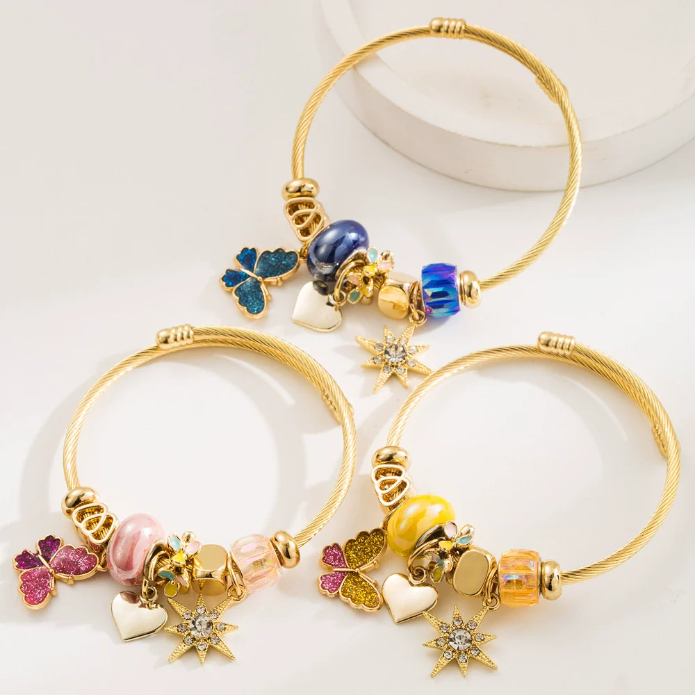 Wholesale Fashion Women's Beaded Stainless Steel Bracelet With Diamond Butterfly And Six Pointed Star Pendants