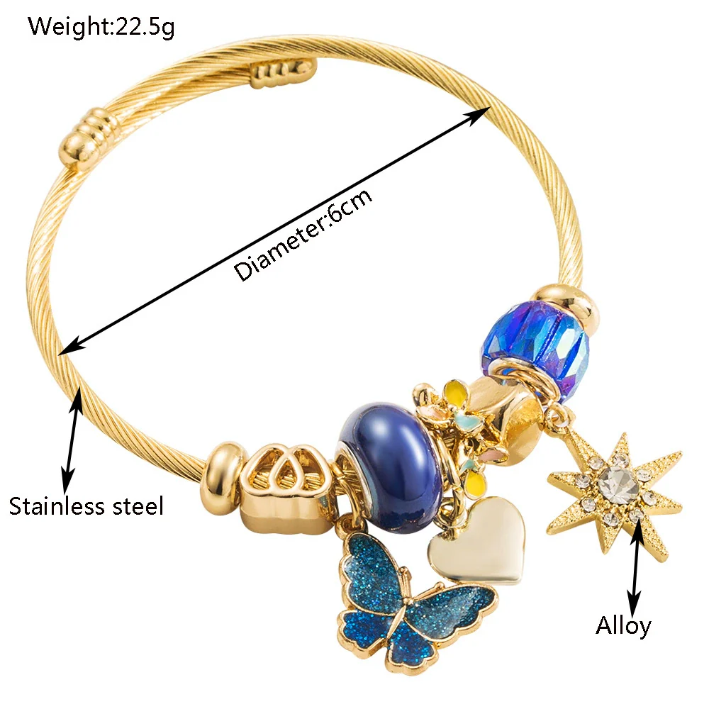 Wholesale Fashion Women's Beaded Stainless Steel Bracelet With Diamond Butterfly And Six Pointed Star Pendants - Image 2