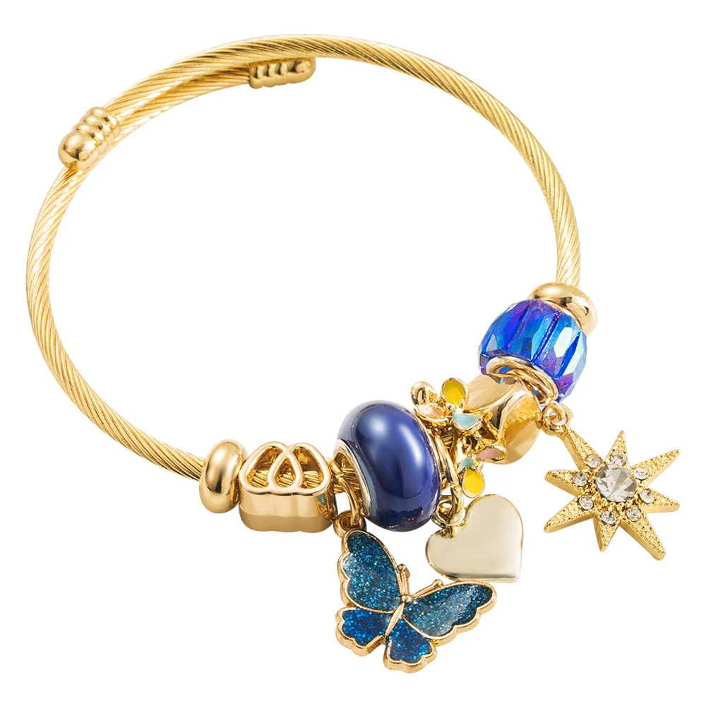 Wholesale Fashion Women's Beaded Stainless Steel Bracelet With Diamond Butterfly And Six Pointed Star Pendants - Image 5