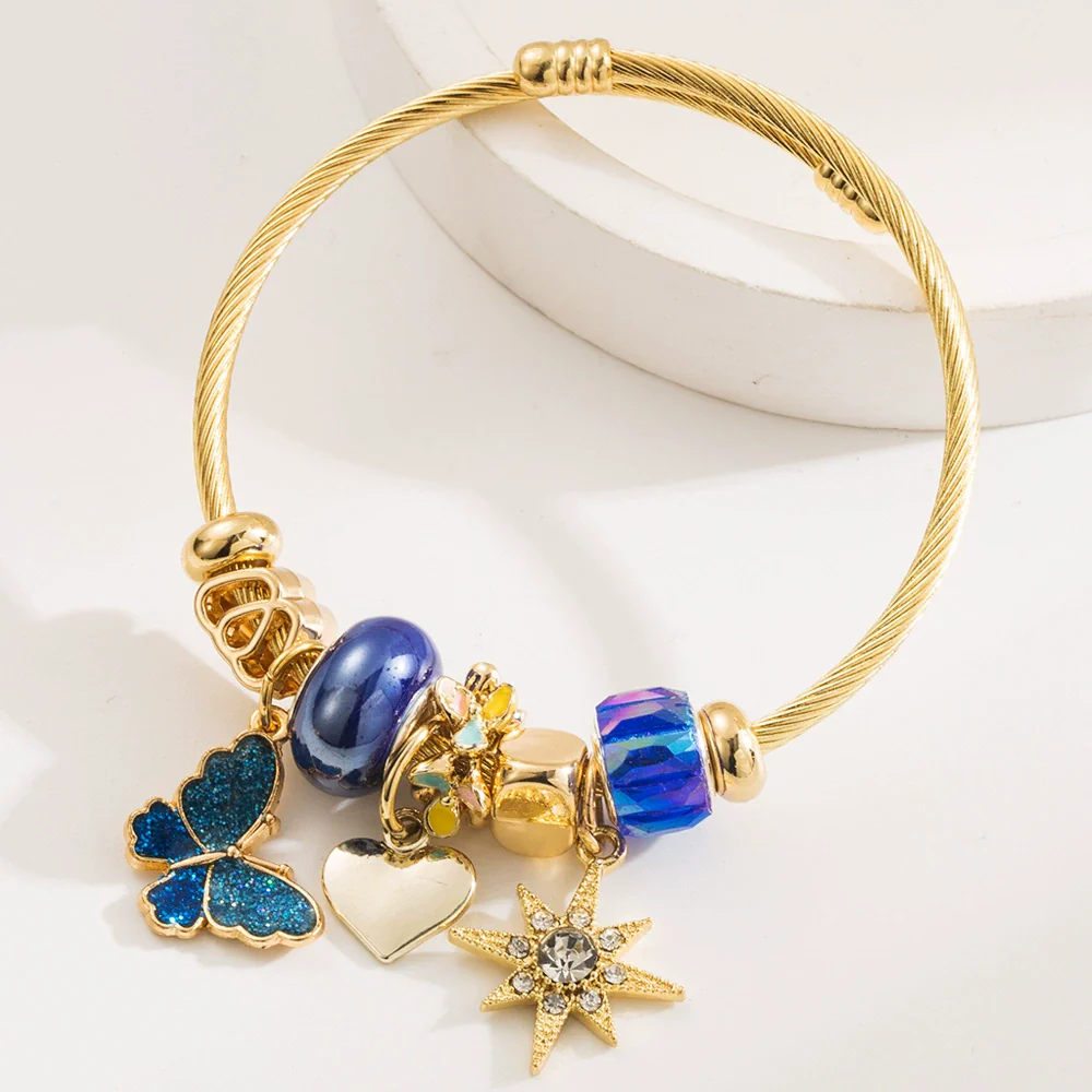 Wholesale Fashion Women's Beaded Stainless Steel Bracelet With Diamond Butterfly And Six Pointed Star Pendants - Image 6