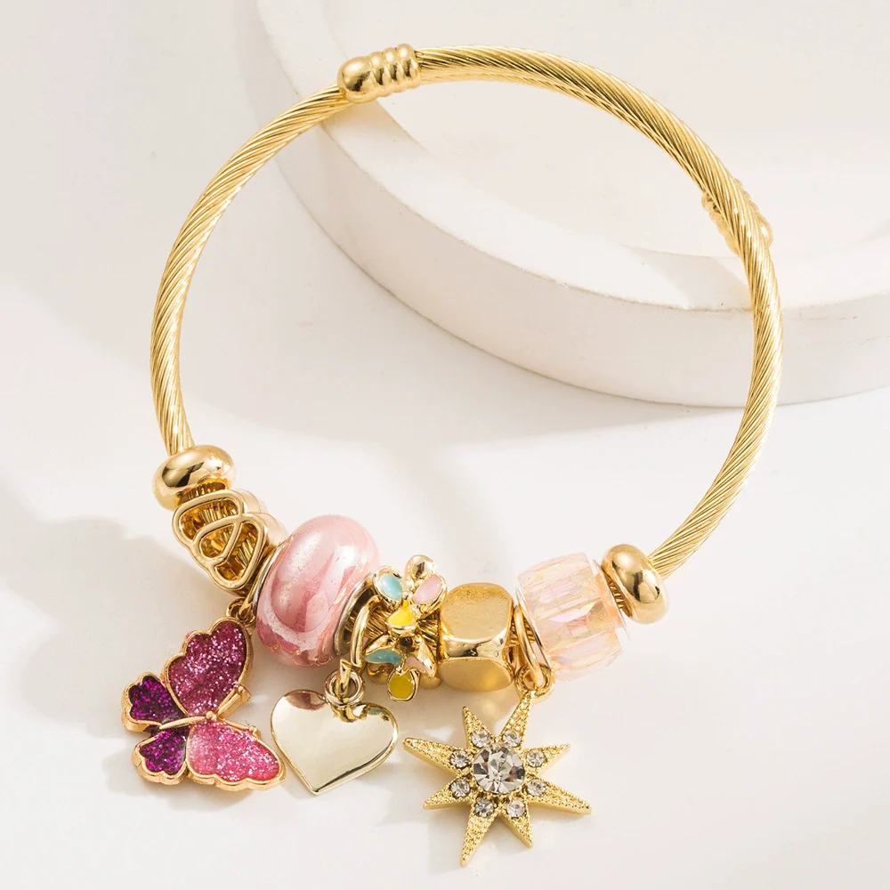 Wholesale Fashion Women's Beaded Stainless Steel Bracelet With Diamond Butterfly And Six Pointed Star Pendants - Image 7