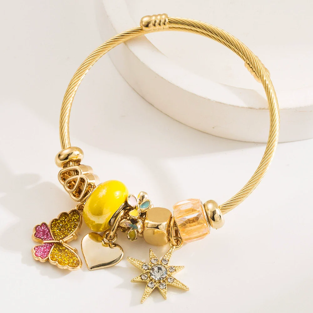 Wholesale Fashion Women's Beaded Stainless Steel Bracelet With Diamond Butterfly And Six Pointed Star Pendants - Image 8