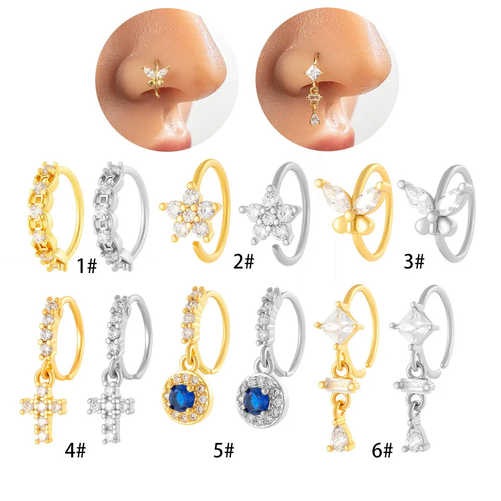 Wholesale Fashion Women's Copper Flower Nose Ring With Electroplating And Zircon Featuring Butterfly And Cross Designs