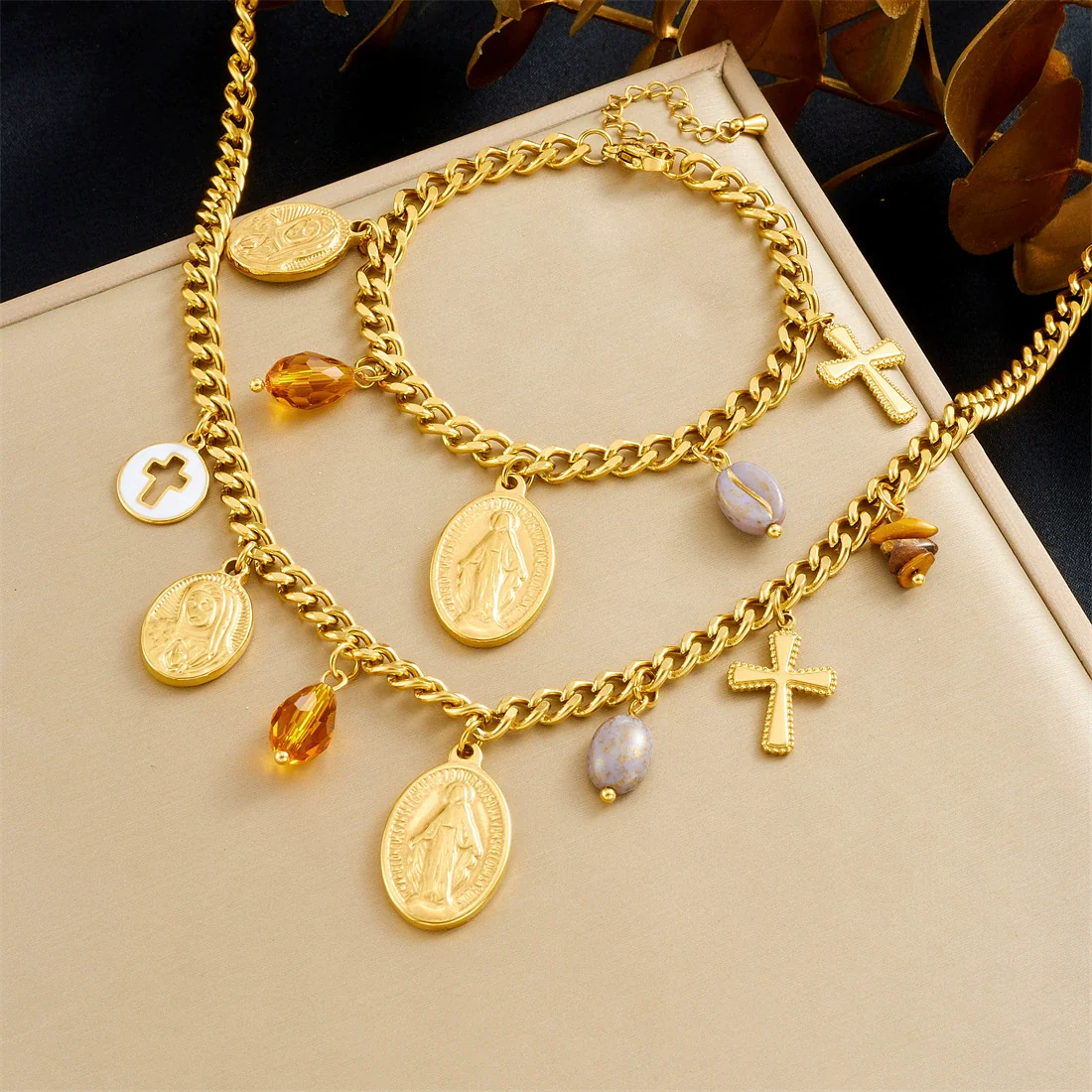 Wholesale Fashion Women's Stainless Steel And Titanium Steel Jewelry Set With Cross Crown And Roman Numerals Pattern Gold Plated Oval Relief Pendant
