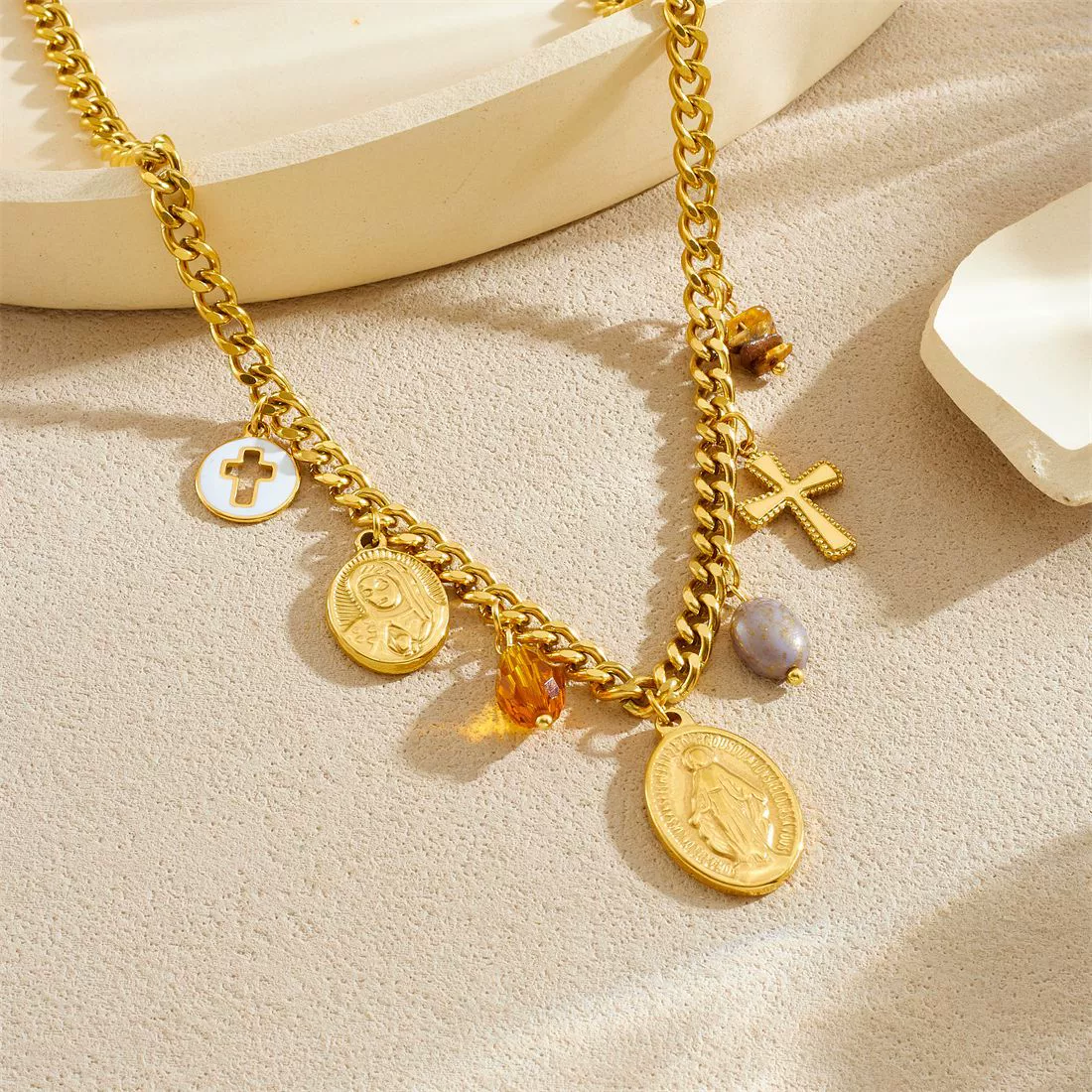 Wholesale Fashion Women's Stainless Steel And Titanium Steel Jewelry Set With Cross Crown And Roman Numerals Pattern Gold Plated Oval Relief Pendant - Image 2